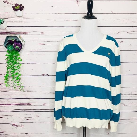 Classic Preppy Teal & Cream Striped V Neck Sweater Size XL - Picture 1 of 9